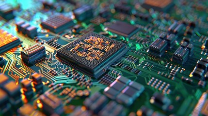 Obraz premium Tech Innovation Showcase: 3D Circuit Board Server with Bright Colors and Abstract Code Background