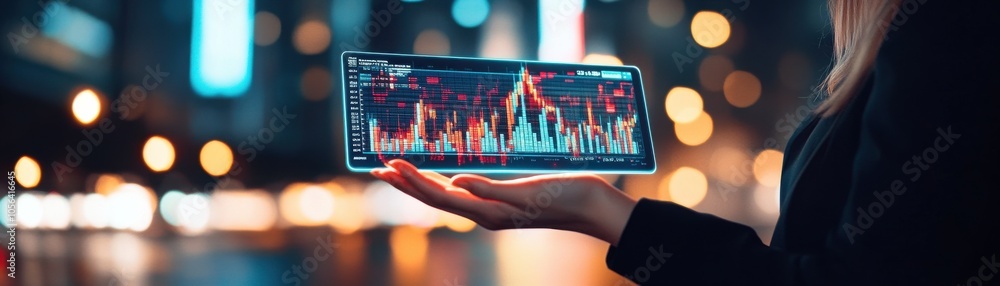 Poster a person holds a smartphone displaying colorful data charts in a modern urban environment, symbolizi