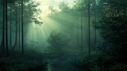Fototapeta premium Sunbeams Through a Misty Forest - A Tranquil Landscape