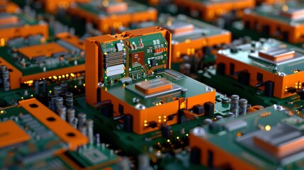 Obraz premium Tech Innovation Showcase: 3D Circuit Board Server with Bright Colors and Abstract Code Background