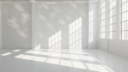 Empty studio with white background and window shadows for product showcasing.