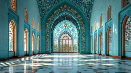 Obraz premium Stunning Interior of a Mosque with Blue Walls and Ornamental Arches