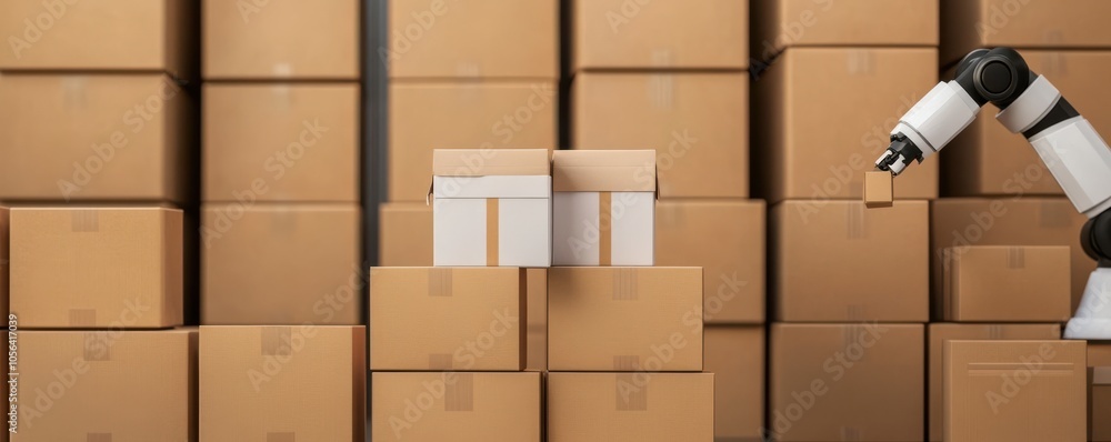 Poster a robotic arm sorting and handling cardboard boxes in a warehouse, showcasing advanced automation in