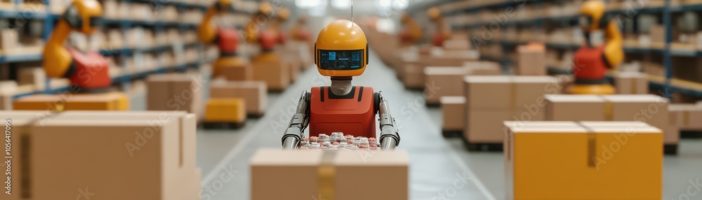 Poster a robotic worker is organizing packages in a modern warehouse filled with boxes, showcasing automati