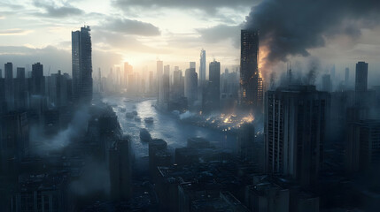 Cityscape Illustration - Smoke and Fire in the Urban Landscape