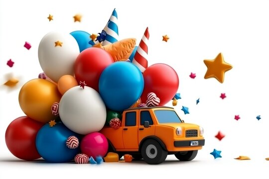 a 2D cartoon illustration of a colorful parade float decorated with balloons festive and cheerful white background