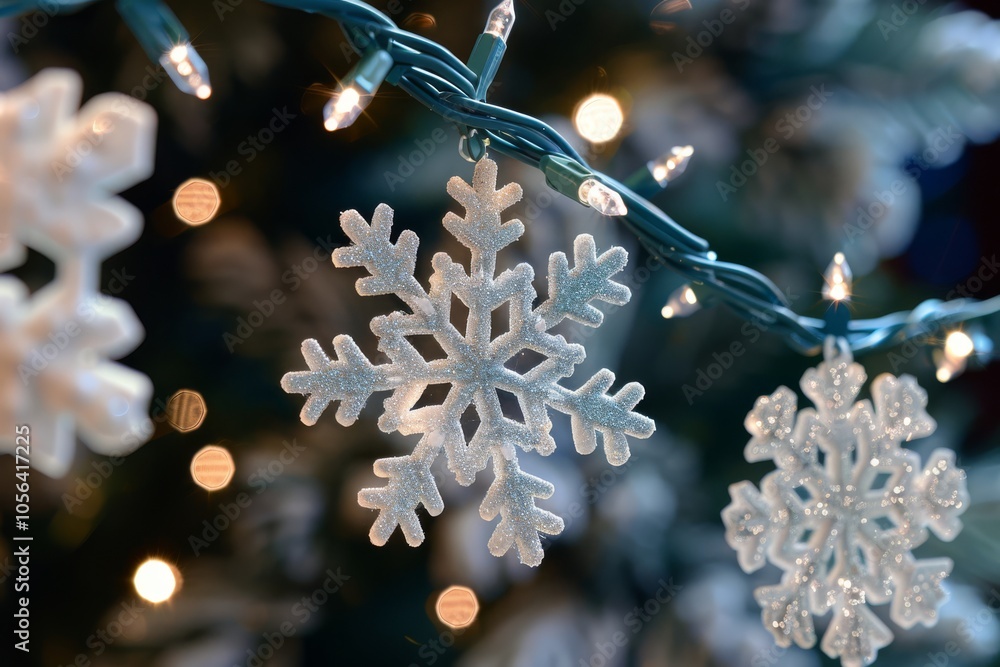Poster a christmas tree with a string of lights and a snowflake ornament hanging from it