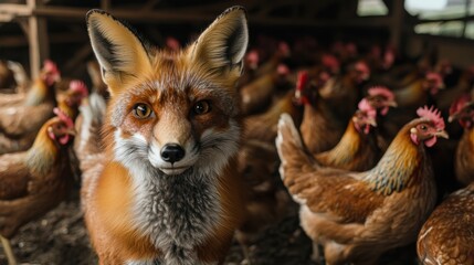 Obraz premium Fox among the Chickens in a Barnyard