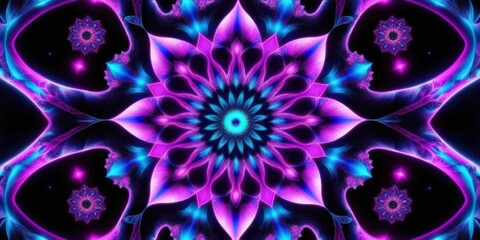 Kaleidoscopic mandala, psychedelic pattern, vibrant purple and blue, fractal design, concentric circles, symmetrical floral shapes, glowing neon elements, intricate details, hypnotic effect, digital a