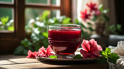 Red hibiscus tea with flower. Tropical drink for summer.