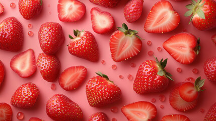 Fresh strawberries scattered on pink background, showcasing their vibrant red color and juicy texture. arrangement includes whole and sliced strawberries, creating delightful and appetizing scene