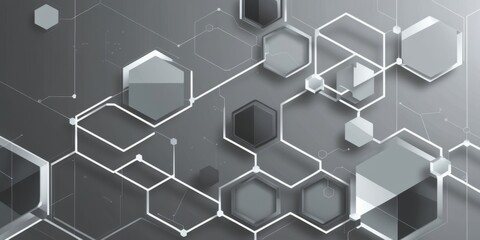 Hexagonal molecular structure, 3D geometric shapes, abstract scientific background, gray and white color scheme, interconnected nodes, futuristic network visualization, honeycomb pattern, clean minima