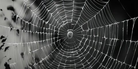 Spider web, intricate details, morning dew, droplets, symmetrical pattern, delicate threads, black and white, macro photography, natural geometry, glistening, ethereal, atmospheric, moody, foggy backg