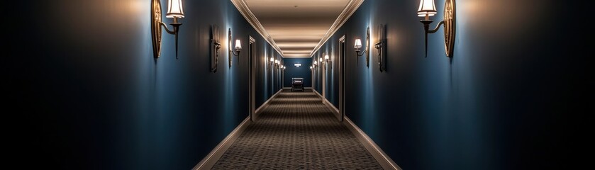 A serene hotel hallway adorned with elegant lighting and plush carpeting, creating a tranquil atmosphere for guests.
