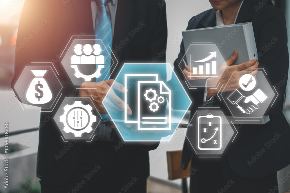 Poster business professionals using digital tools for project management and data analysis in a modern offi