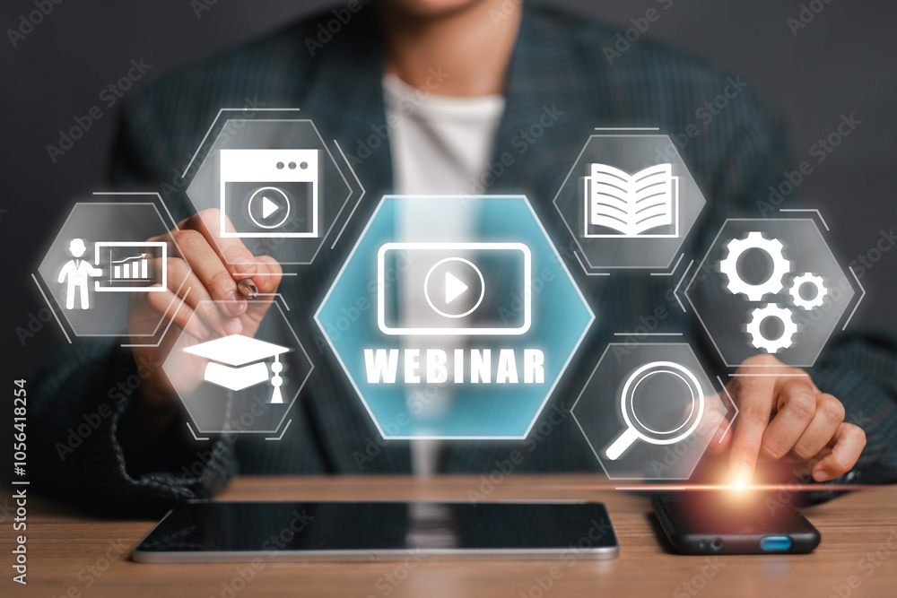 Poster digital interface showcasing webinar elements for online learning and virtual meetings.