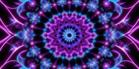 Kaleidoscopic mandala, psychedelic pattern, vibrant purple and blue, fractal design, concentric circles, symmetrical floral shapes, glowing neon elements, intricate details, hypnotic effect, digital a