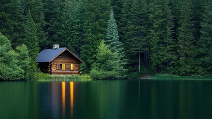 A serene lakeside cabin surrounded by lush green forest, reflecting warm light on calm waters at dusk.