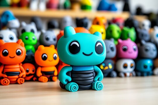 a 2D cartoon illustration of a pastel-colored clay figure on a crafting table artistic and cute white background