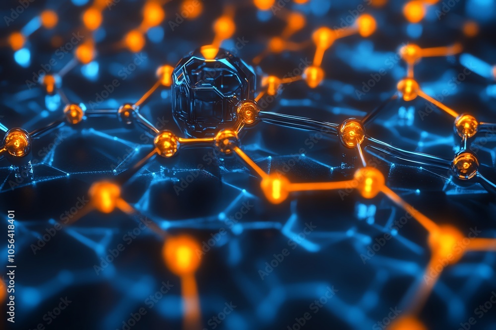 Poster abstract blue and orange geometric structure with glowing spheres.