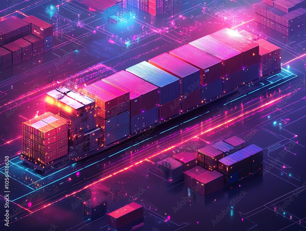 Poster a 3d illustration of a cargo ship with containers sailing on a futuristic circuit board with neon li