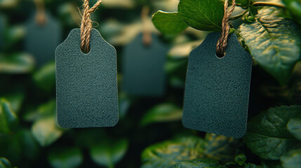 Blank tags hang from plant, surrounded by lush green leaves, creating serene and natural atmosphere. These tags can be used for labeling or decoration in various settings