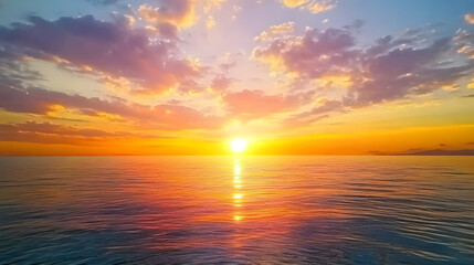 Fototapeta premium Vibrant ocean sunset with sun halfway below the horizon, casting orange, pink, and yellow hues across the sky