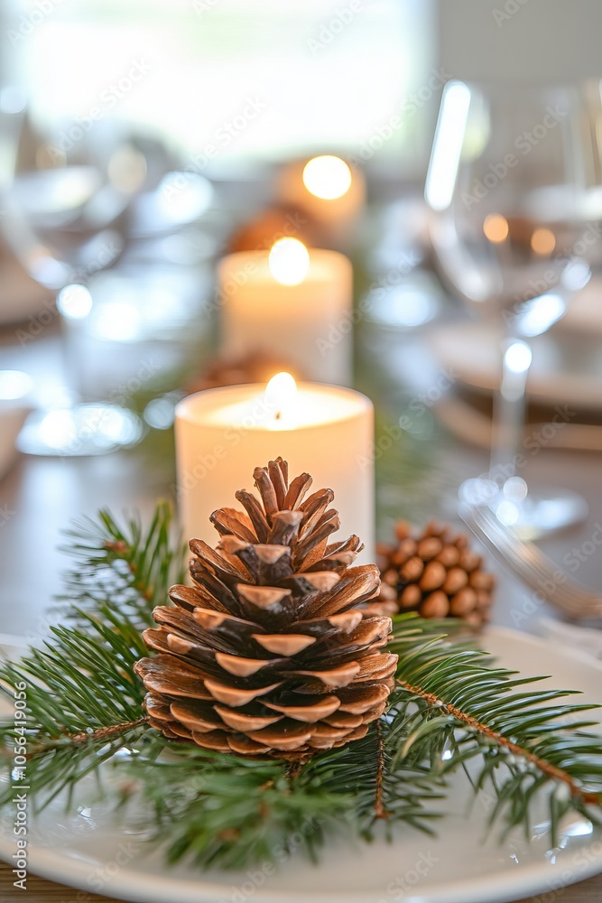 Poster a table setting with a pine cone candle on a plate