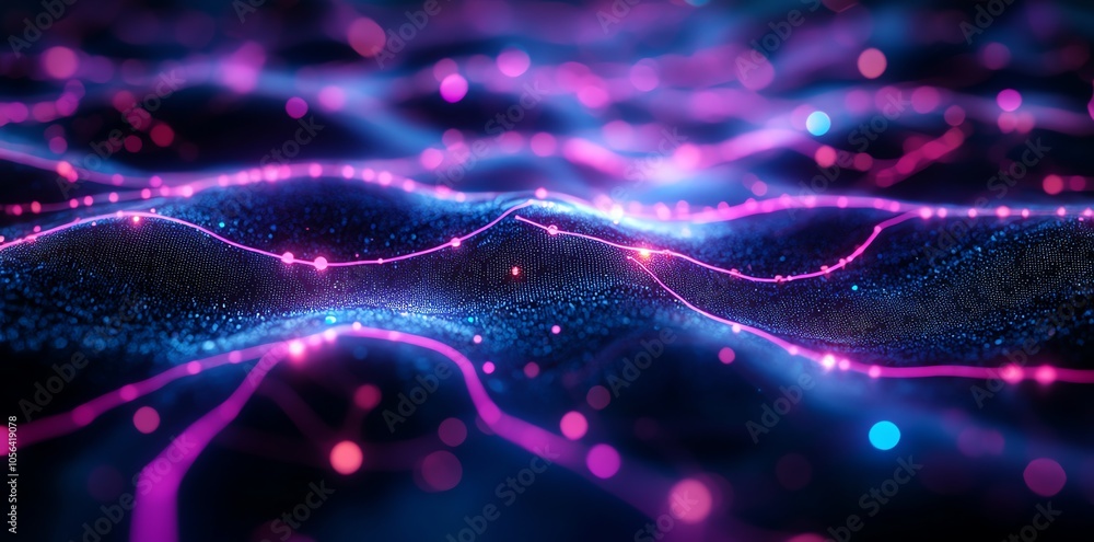 Poster Abstract background with neon pink and blue glowing lines and bokeh dots.