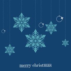 Fototapeta premium Merry Christmas card template. Vector art with blue background. Snowflakes. 