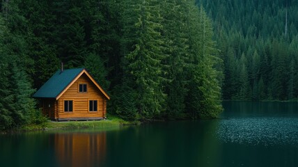 Fototapeta premium A serene wooden house by a tranquil lake, surrounded by lush green trees, showcasing the beauty of nature in a peaceful setting.