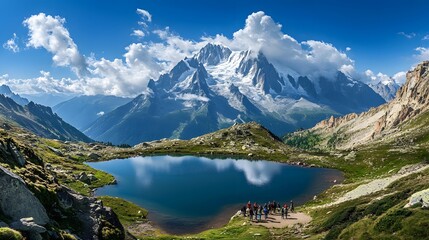 Amazing view on Monte Bianco mountains range with tourist on a foreground. Lac de Cheserys lake, Chamonix, Graian Alps. Landscape photography. 