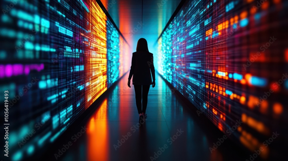 Poster a silhouetted figure walking through a vibrant data corridor, showcasing a blend of colors and digit