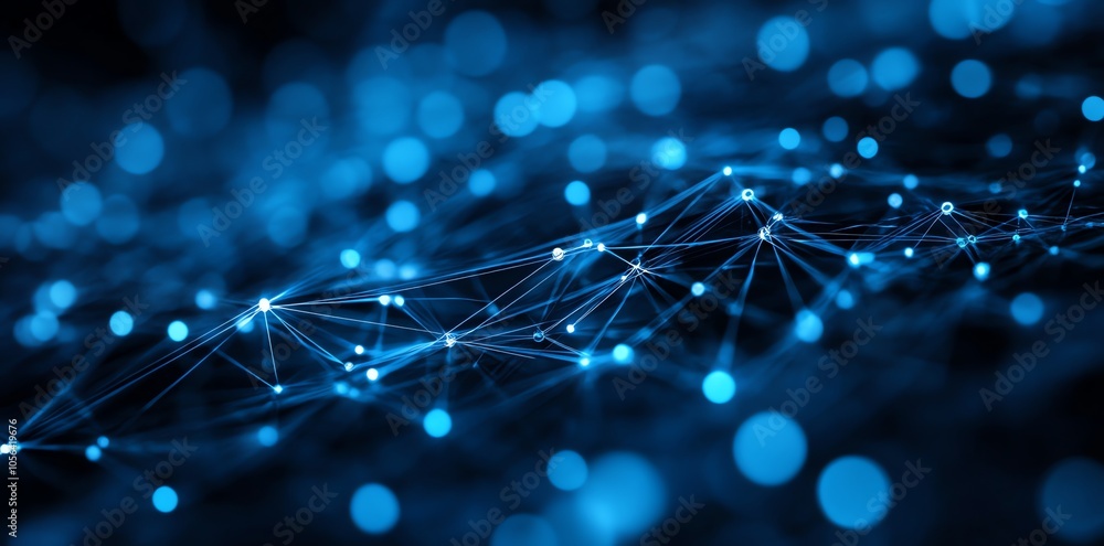 Poster Abstract digital network with glowing blue nodes and connecting lines on a dark background.