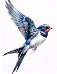 Fototapeta premium A barn swallow with blue-black wings and a red throat soars through the sky