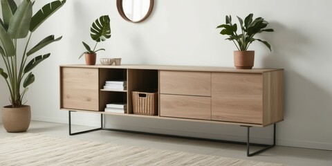 Modern wooden sideboard, minimalist living room, sleek metal legs, open shelving, decorative plants, abstract wall art, neutral tones, contemporary interior design, clean lines, mid-century modern inf