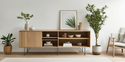 Modern wooden sideboard, minimalist living room, sleek metal legs, open shelving, decorative plants, abstract wall art, neutral tones, contemporary interior design, clean lines, mid-century modern inf