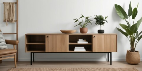 Modern wooden sideboard, minimalist living room, sleek metal legs, open shelving, decorative plants, abstract wall art, neutral tones, contemporary interior design, clean lines, mid-century modern inf