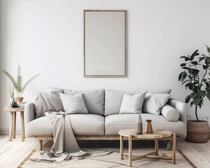 Minimalist living room interior with a sofa. coffee table. plant and a blank frame on the wall