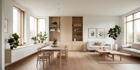 Fototapeta premium Scandinavian minimalist living room, bright natural light, large windows, wooden floors, white walls, neutral color palette, dining table, modern chairs, houseplants, built-in shelving, cozy seating a