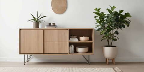 Modern wooden sideboard, minimalist living room, sleek metal legs, open shelving, decorative plants, abstract wall art, neutral tones, contemporary interior design, clean lines, mid-century modern inf
