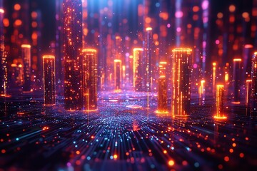 Obraz premium A futuristic city skyline with glowing neon lights and a digital abstract background.