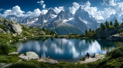 Naklejka premium Amazing view on Monte Bianco mountains range with tourist on a foreground. Lac de Cheserys lake, Chamonix, Graian Alps. Landscape photography. 