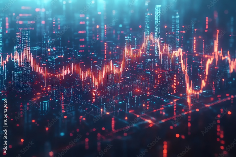 Poster Abstract digital cityscape with a red line graph representing data flow, network, or growth.