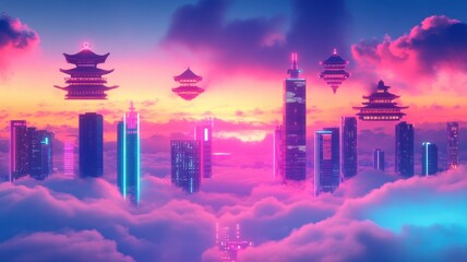 Fototapeta premium A stunning futuristic skyline with floating structures amidst vibrant clouds at sunset, blending tradition and technology.