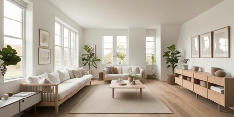 Scandinavian minimalist living room, bright natural light, large windows, wooden floors, white walls, neutral color palette, dining table, modern chairs, houseplants, built-in shelving, cozy seating a