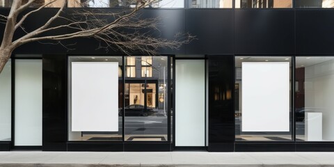 Modern glass storefront, minimalist architecture, empty retail space, reflective windows, black metal framing, urban setting, clean lines, commercial property, street view, transparent facade, contemp