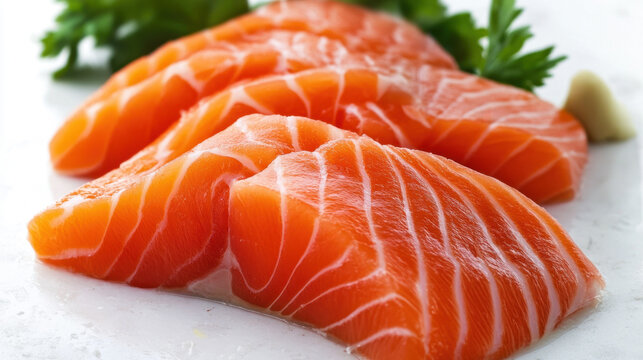 Fresh salmon sashimi slices are beautifully arranged, showcasing their vibrant orange color and delicate texture, perfect for sushi lovers