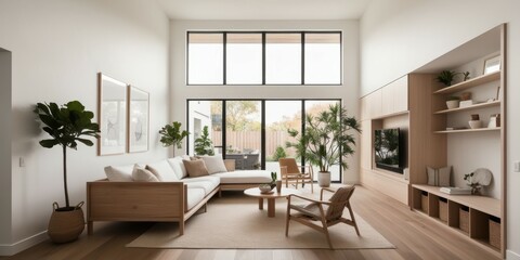 Fototapeta premium Scandinavian minimalist living room, bright natural light, large windows, wooden floors, white walls, neutral color palette, dining table, modern chairs, houseplants, built-in shelving, cozy seating a