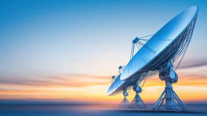 A stunning satellite dish against a vibrant sunset sky, symbolizing communication technology and innovation in the digital age.